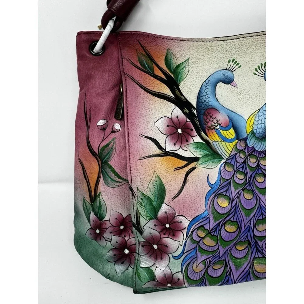 Anuschka hand-painted genuine leather hobo Peacock